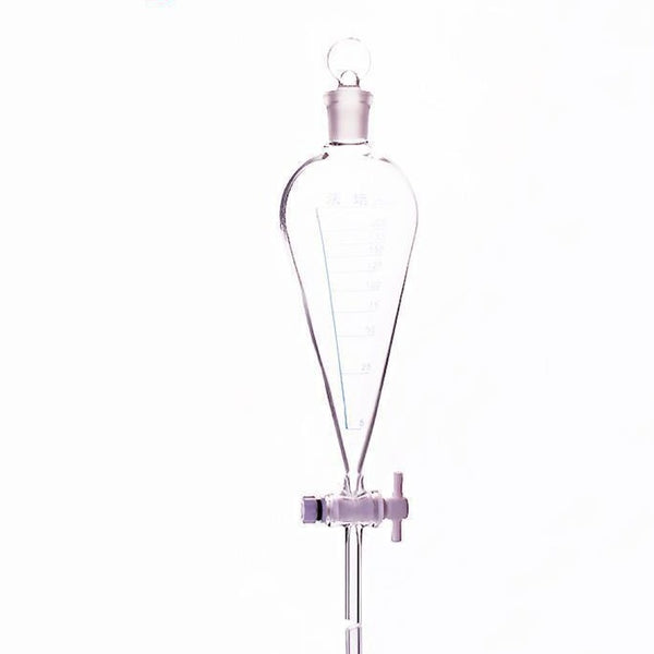 Separating funnel acc. to Squibb with PTFE tap cock and glass stopper, graduated, capacity 125 ml to 1.000 ml. Laborxing
