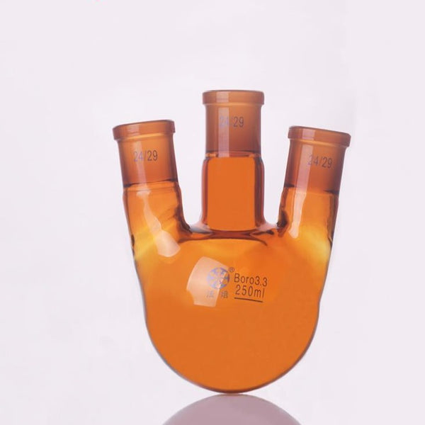 Three-necked round-bottom flask, bevelled side necks, brown glass, 100 ml to 500 ml Laborxing