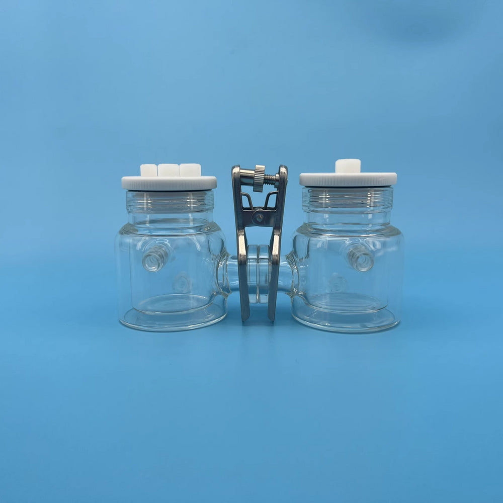 Dual chamber H-cell membrane sealed electrochemical reactor with water jacket, capacity 50 to 300 ml