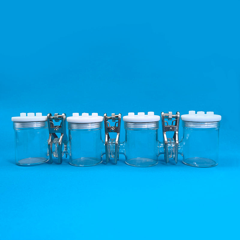 Quattro chamber H-cell membrane sealed electrochemical reactor, capacity 30 to 300 ml