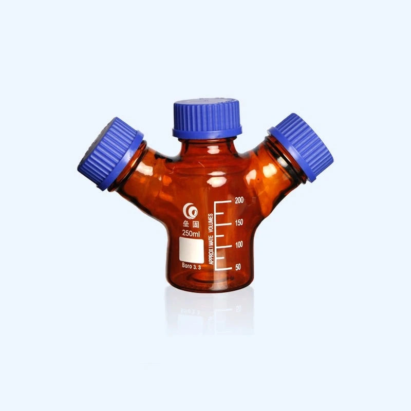 Three-necked HPLC bottle with GL45 screw cap, brown glass,capacity 250 to 2.000 ml