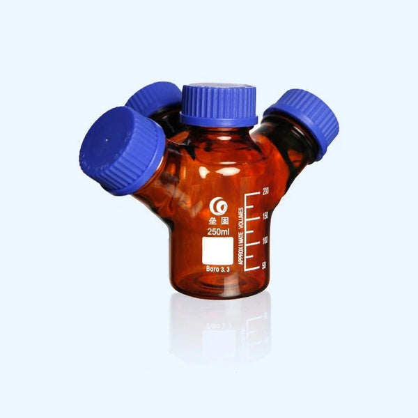 Vierhals-HPLC-Flasche mit GL45-Schraubverschluss, Braunglas, Fassungsvermögen 250 bis 2.000 ml Laborxing