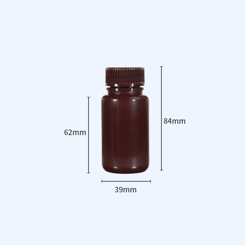 Wide mouth bottles with screw cap, Plastic PP ,brown, capacity 8 ml to 1000 ml
