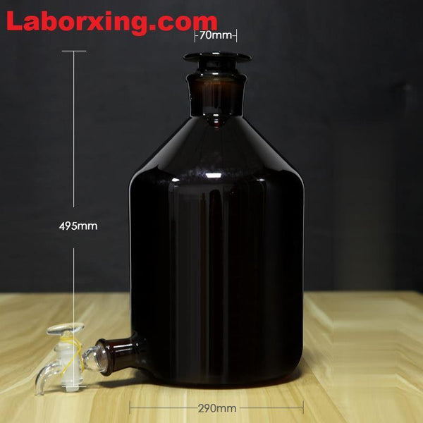 Botella aspiradora con tapón y grifo, vidrio marrón, 2.5 L a 20 L Laborxing