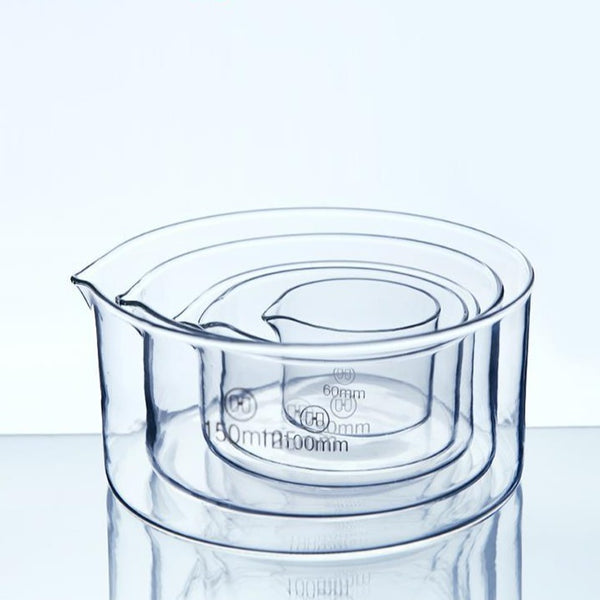 Plat de cristallisation avec bec verseur, verre clair, diamètre 60 mm à 200 mm Laborxing