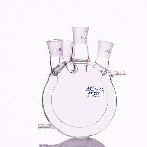 Double jacketed four-necked round-bottom flask, capacity 500 to 50.000 ml Laborxing