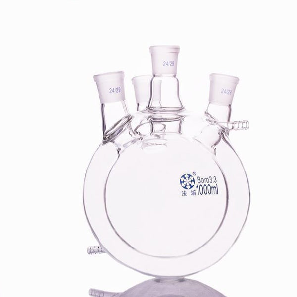 Double jacketed four-necked round-bottom flask, capacity 500 to 50.000 ml Laborxing