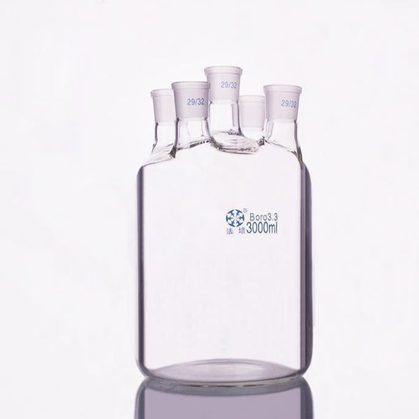 Five-necked  cylindrical bottle, capacity 250 to 5.000 ml Laborxing