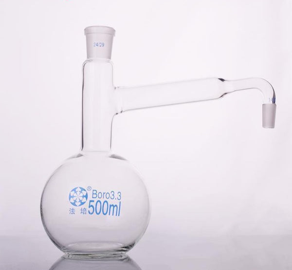 Frasco de destilação de fundo plano com tubo lateral e junta, 250 a 3.000 ml Laborxing