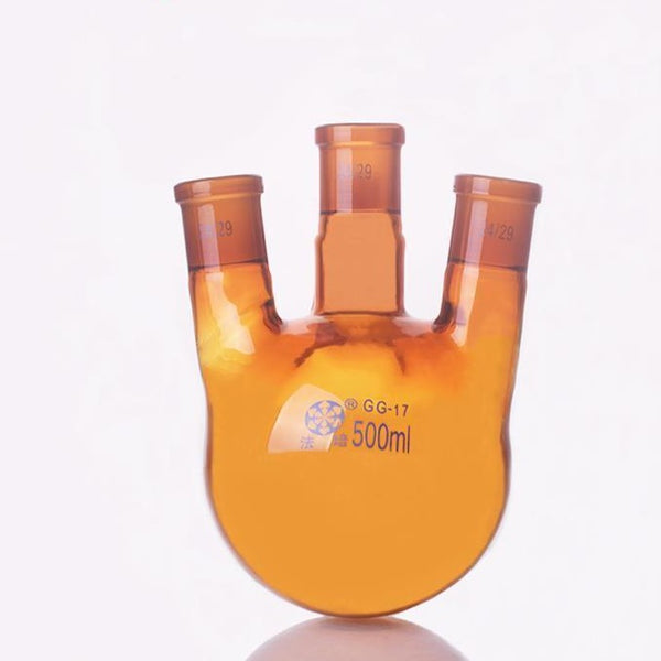 Dreihals-Rundkolben, abgeschrägte Seitenhälse, Braunglas, 100 ml bis 500 ml Laborxing