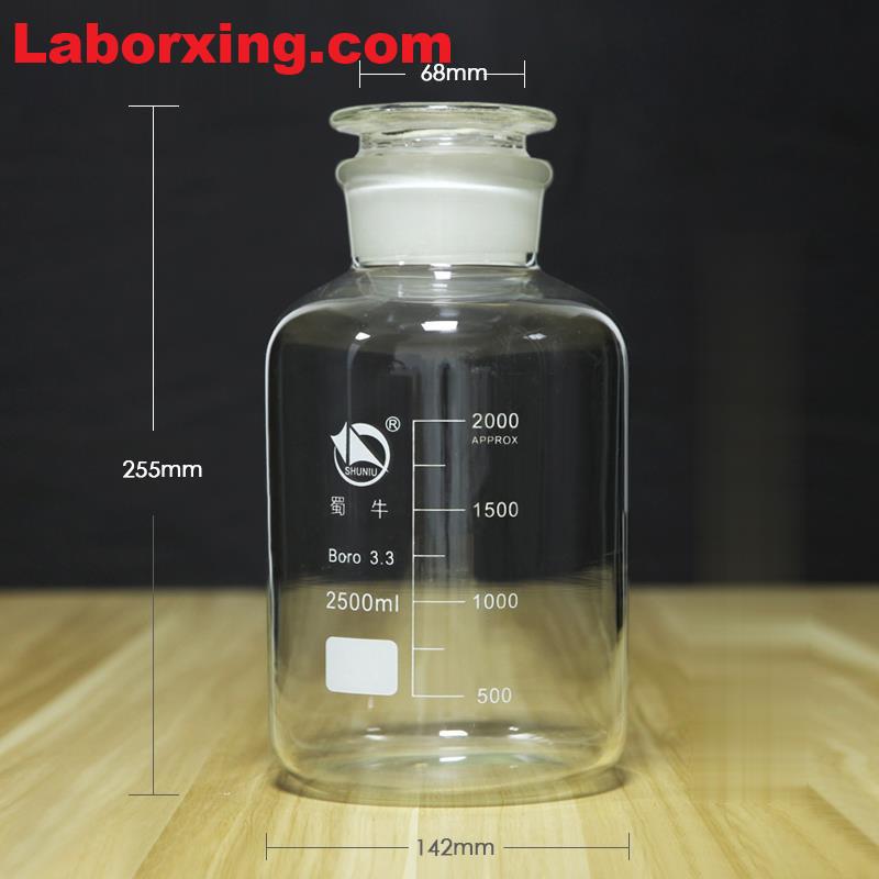Wide mouth bottle, clear glass, graduated, 60 ml to 20.000 ml