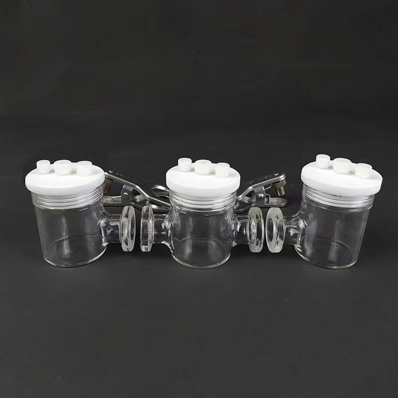 Triple chamber H-cell membrane sealed electrochemical reactor, capacity 30 to 500 ml